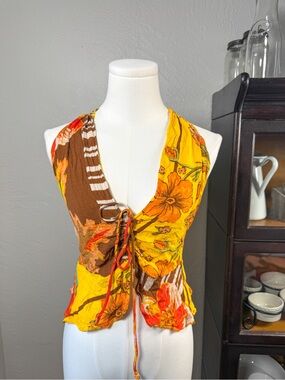 Free People Floral Halter Top Yellow Orange Boho Tie Front Tank Size S
